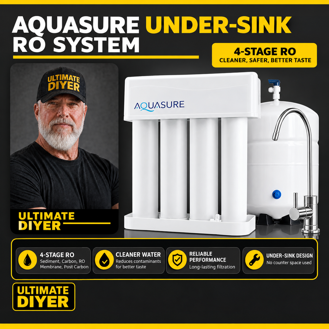 Ultimate DIYer graphic showing the Aquasure 4-stage under-sink reverse osmosis system with storage tank and drinking water faucet
