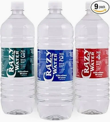 Crazy Water mineral water bottles No. 2, No. 3 and No. 4 used in the Ultimate DIYer TDS demonstration