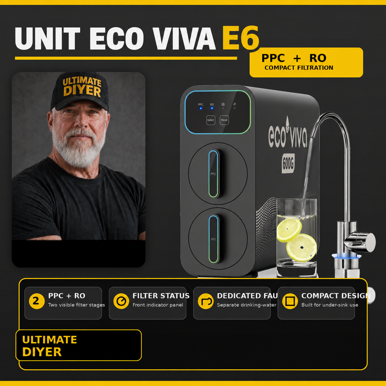 Ultimate DIYer graphic showing the Eco Viva E6 compact under-sink reverse osmosis system with dedicated drinking-water faucet