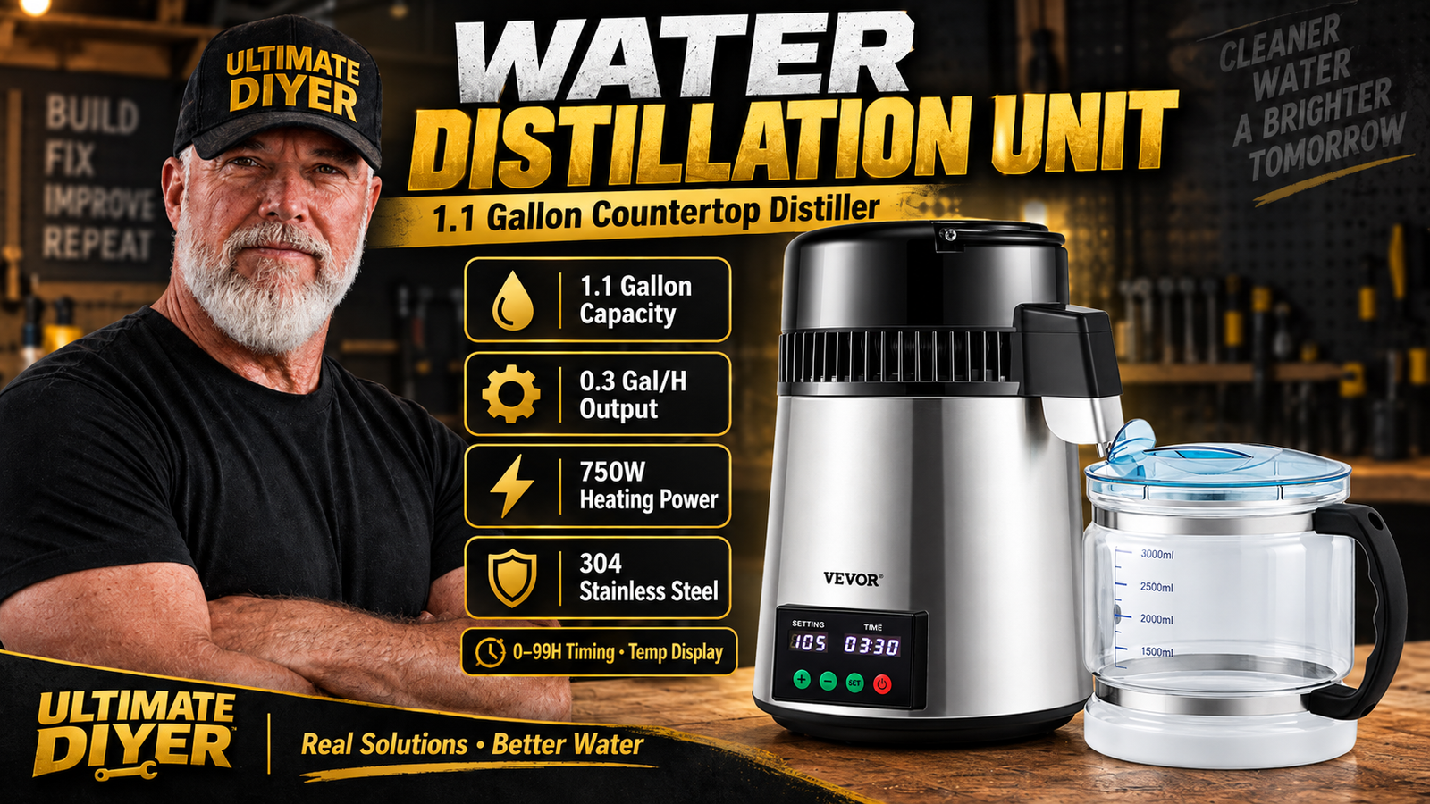 Ultimate DIYer water distillation unit graphic showing a 1.1 gallon VEVOR countertop distiller, output rate, heating power and stainless steel construction