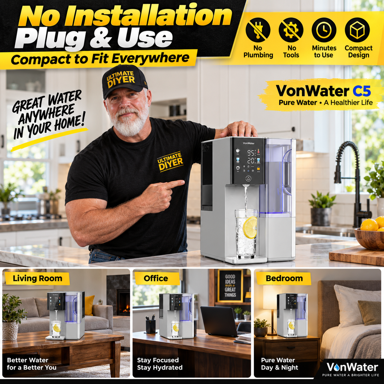 Ultimate DIYer graphic showing the VONWATER C5 countertop reverse osmosis system as a no-installation plug-and-use option for apartments, offices, living rooms and bedrooms