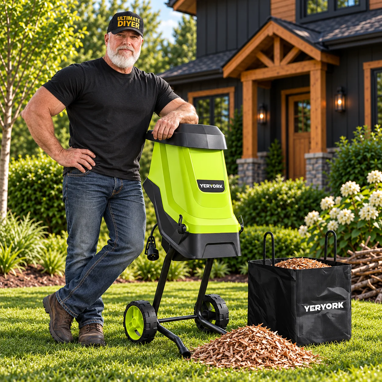 Ron with the YERYORK 15-amp electric wood chipper in a residential yard